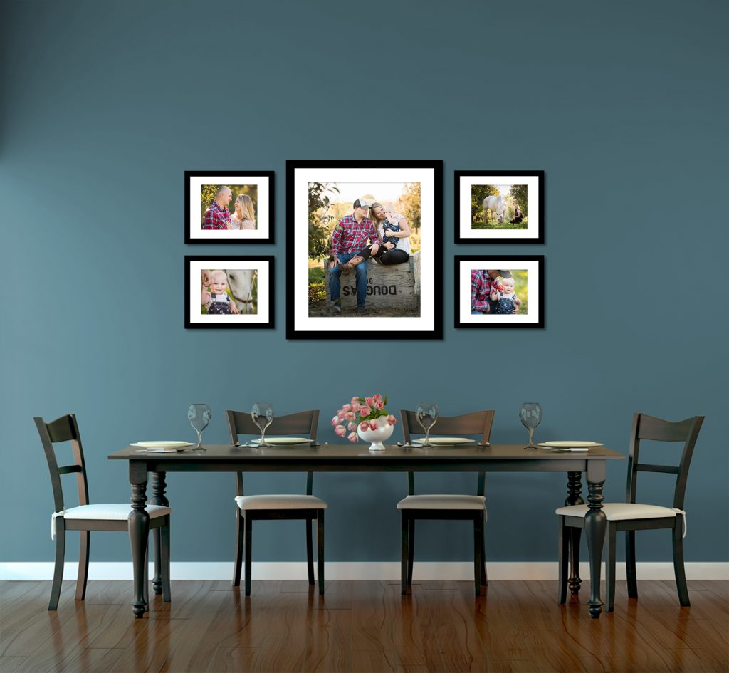 Portraits created by Cle Elum photography studio hanging wall in a dining room