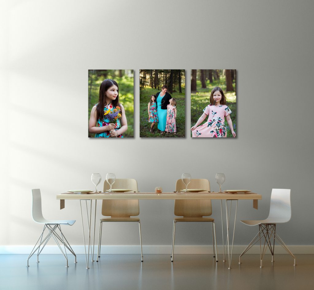 canvas trio of a mother and daughters above a dining room table from a family photography session in cle elum by mary maletzke
