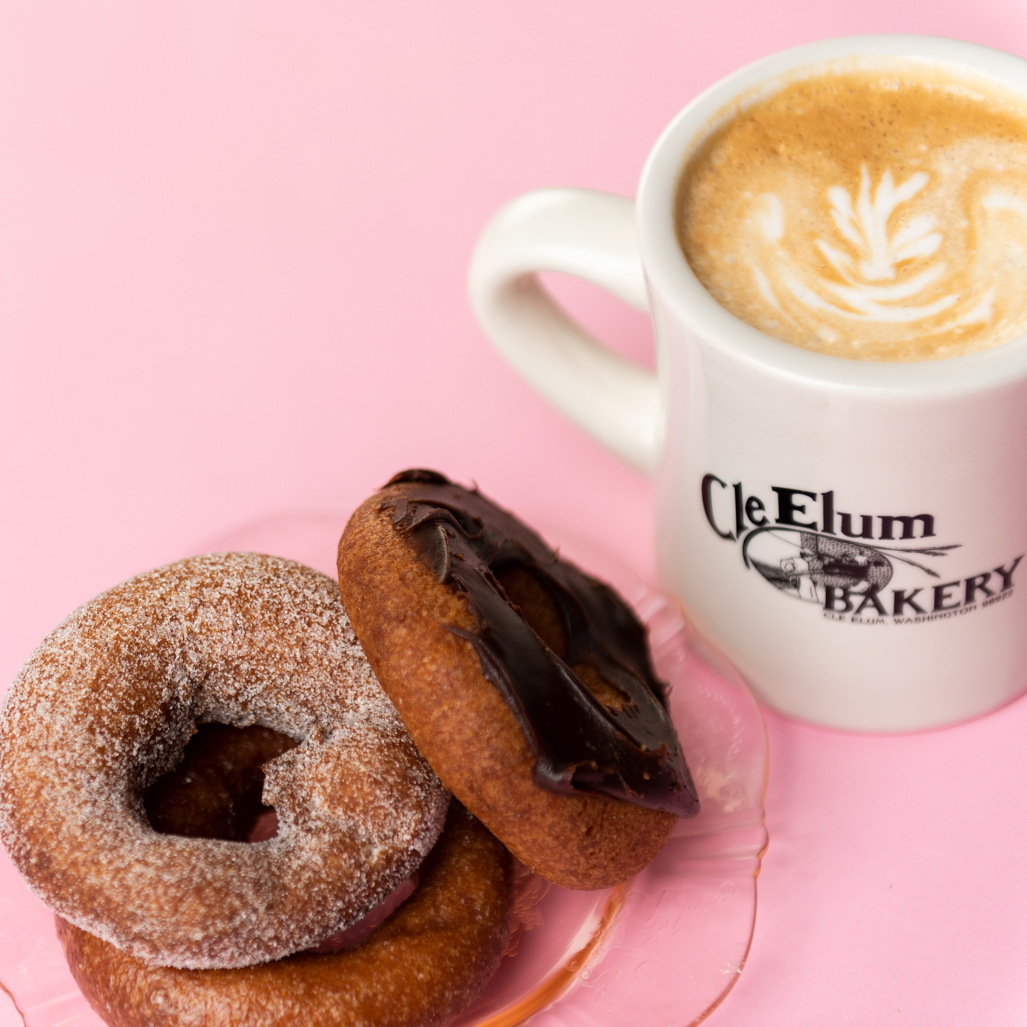 Donuts and coffee at Cle Elum Bakery, commercial photography by Mary Maletzke