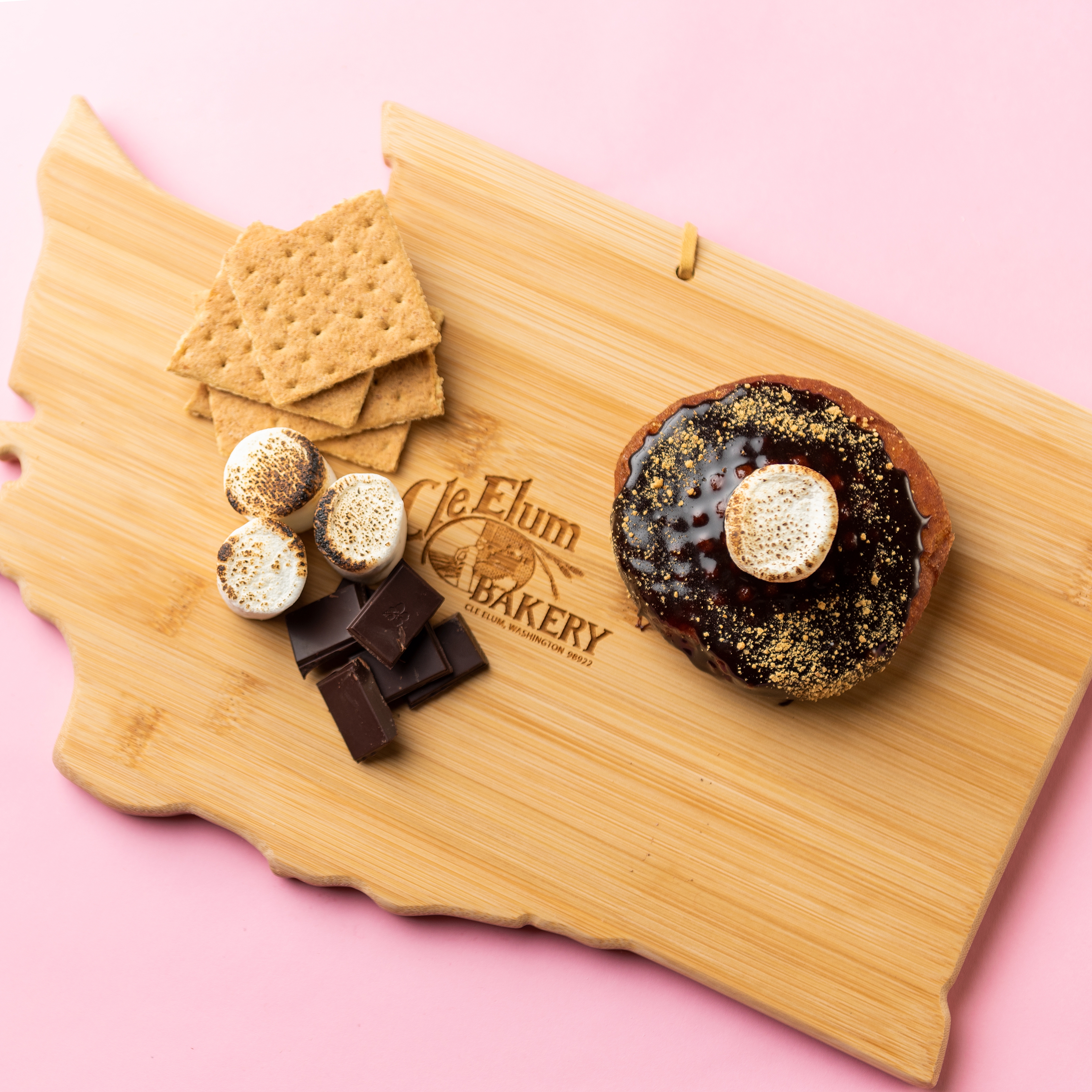 Smores Donuts on a serving board at the Cle Elum Bakery, commercial photography by Mary Maletzke