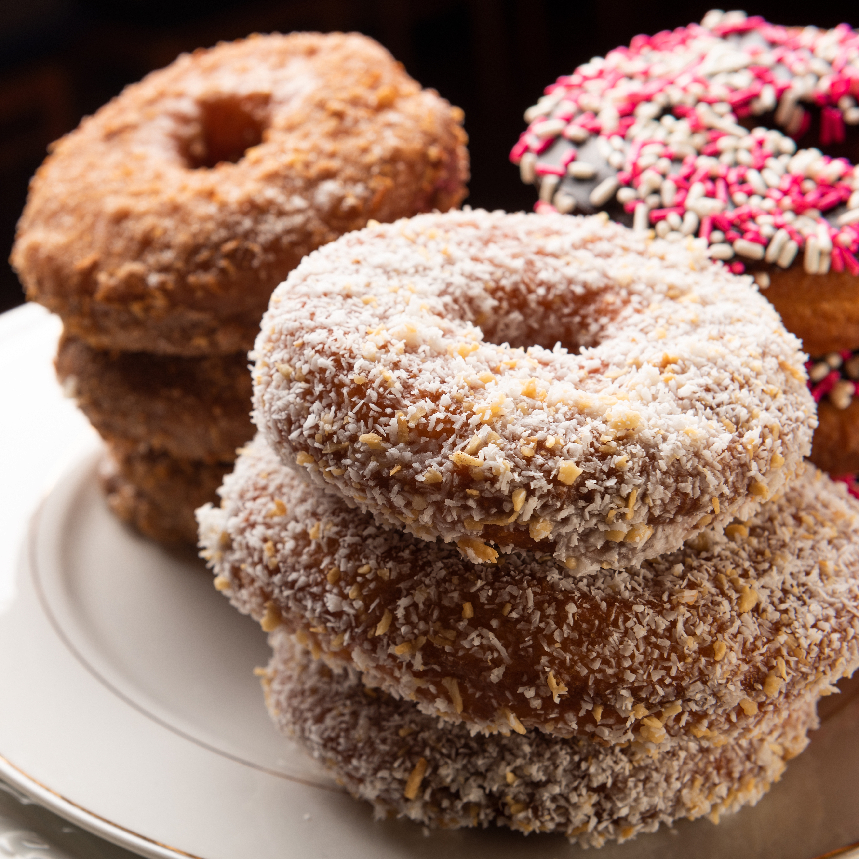 Donuts on a plate at the Cle Elum Bakery, commercial photography by Mary Maletzke
