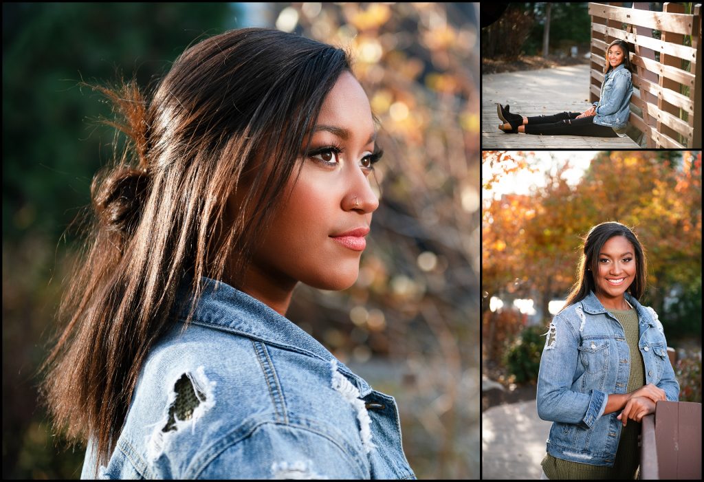 Senior photo of a girl in a a jean jacket and jeans