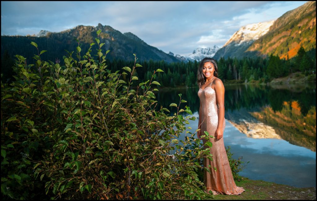 Ellensburg Senior Portraits of girl in beautiful dress with mountains in the background 