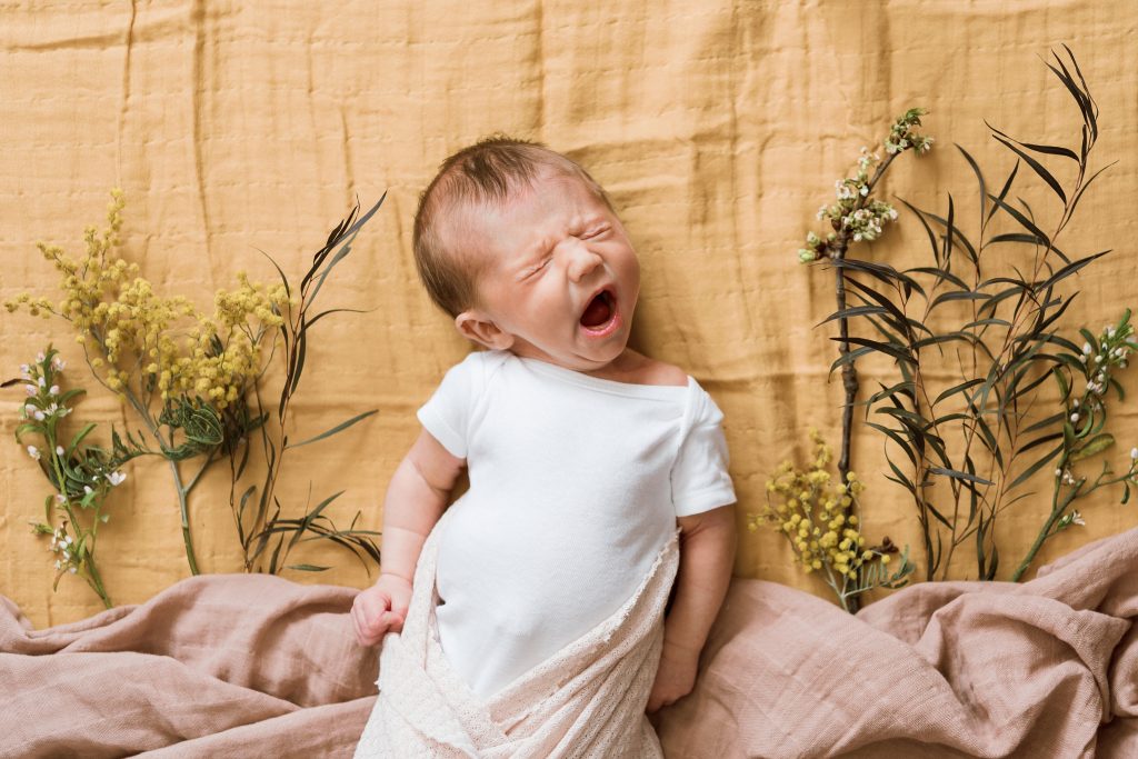 Newborn baby girl in white onesie on a yellow backdrop with wild flowers during an Ellensburg Family Photo Session