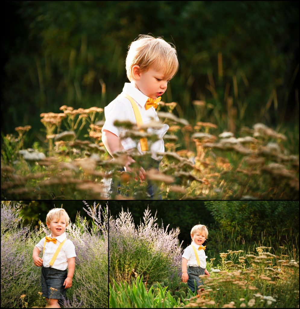 Little blonde boy in white shirt and yellow bow tie stands barefoot in a field of wild flowers. Ellensburg Family Photographer.