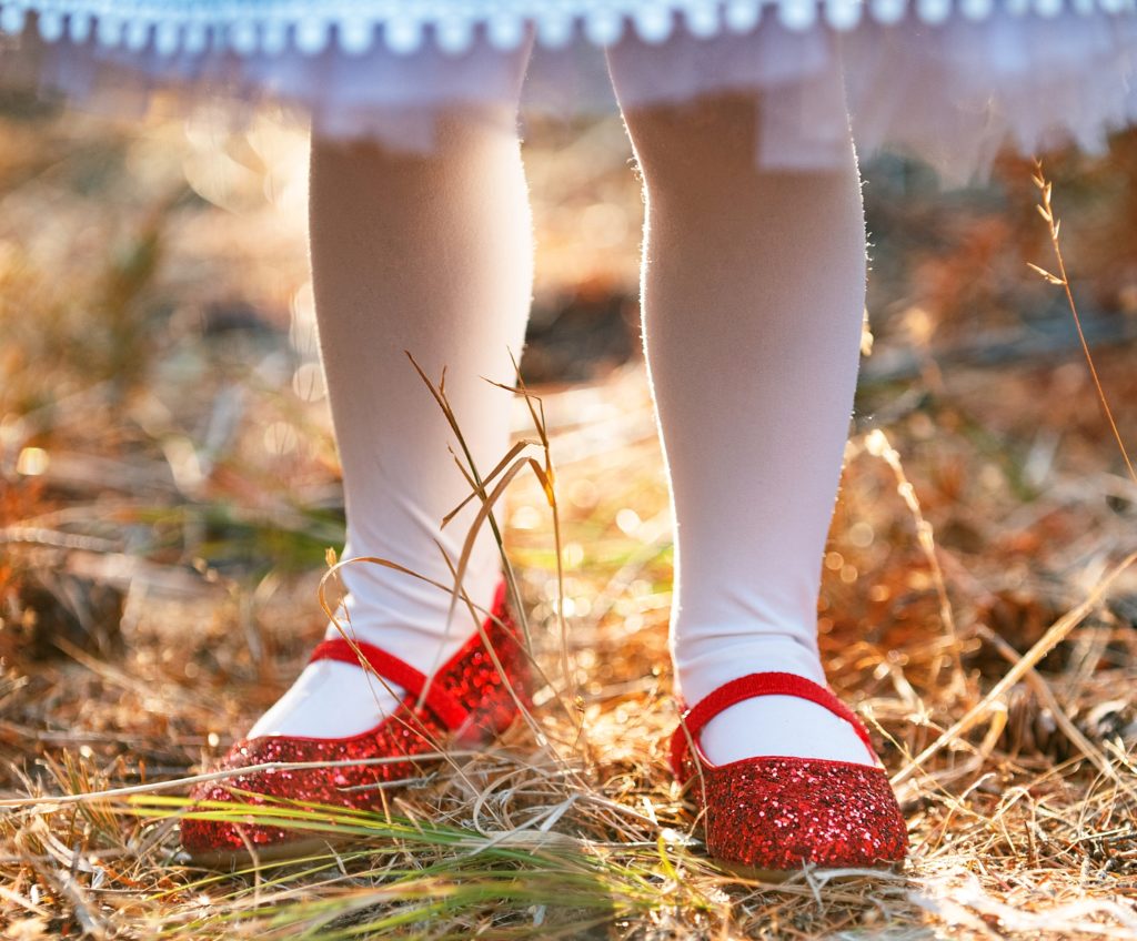 Little girl in a forest wearing ruby red sparkly shoes and a dorothy costume from wizard of oz. 