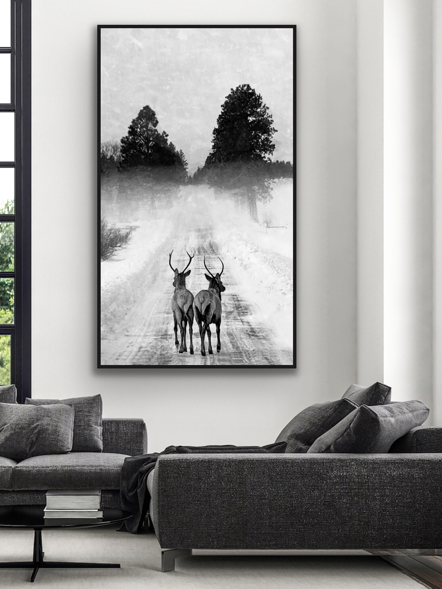 PNW elk after the storm black and white wall art